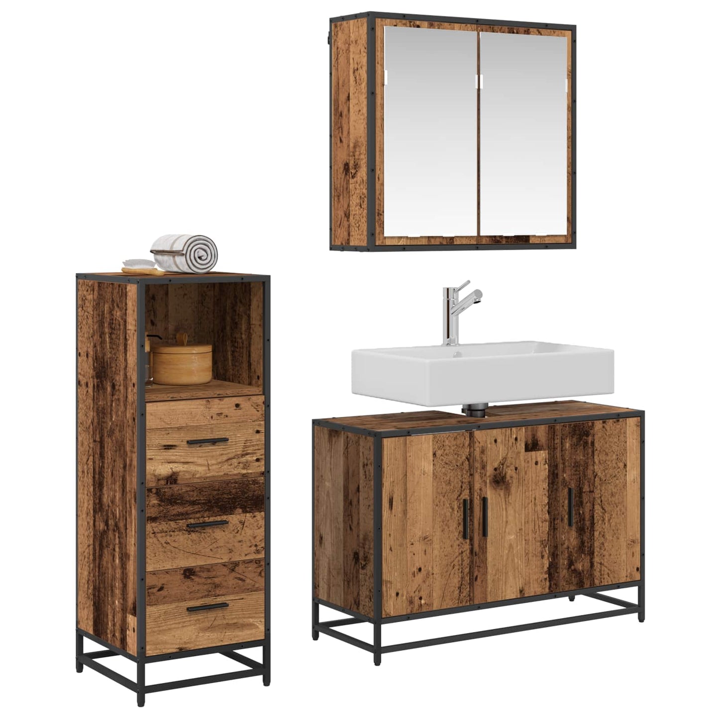 vidaXL Badezimmermöbel-Set mit Schubladen 3 pcs Altholz Holzwerkstoff