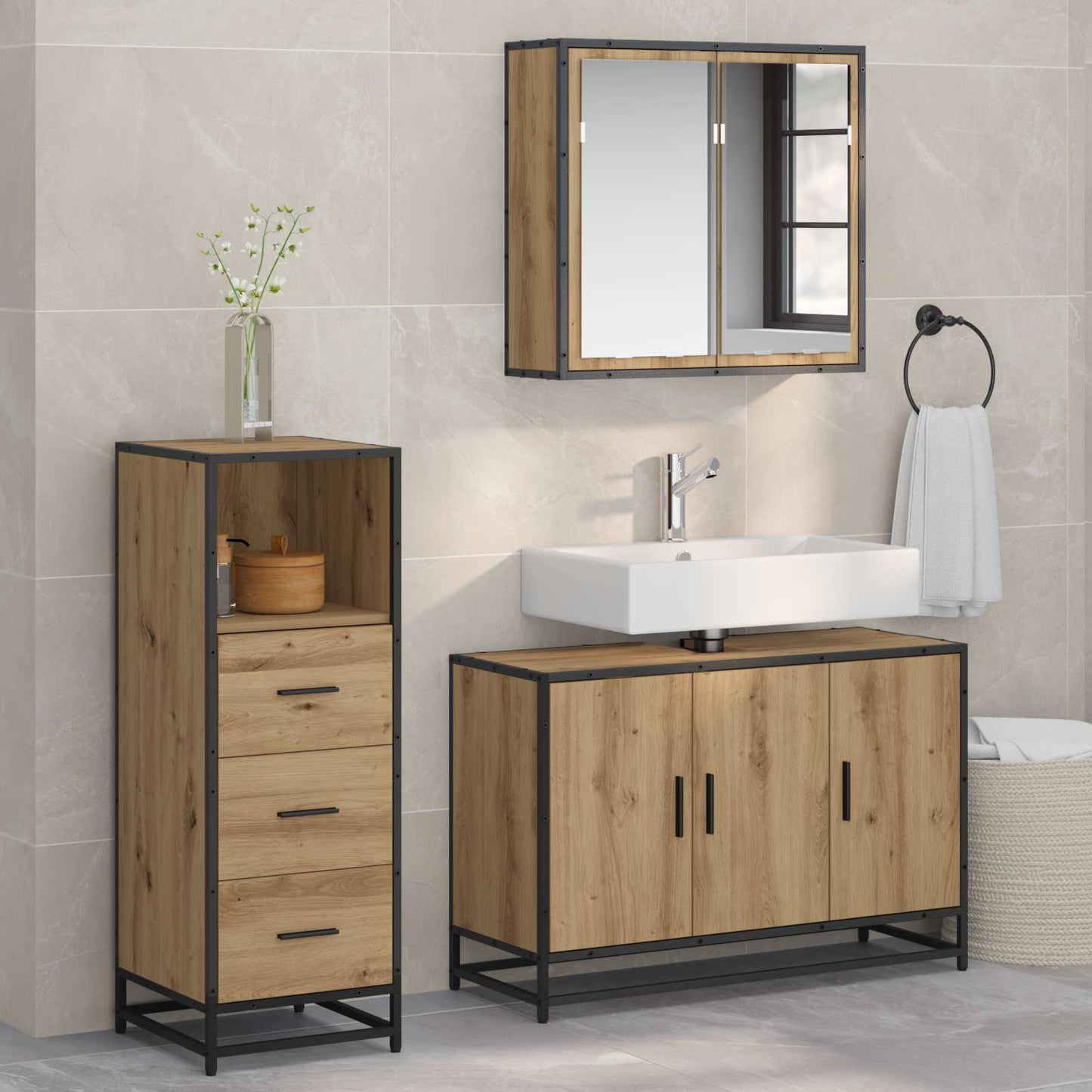 vidaXL Badezimmermöbel-Set mit Regal 3 pcs Artisan-Eiche Holzwerkstoff