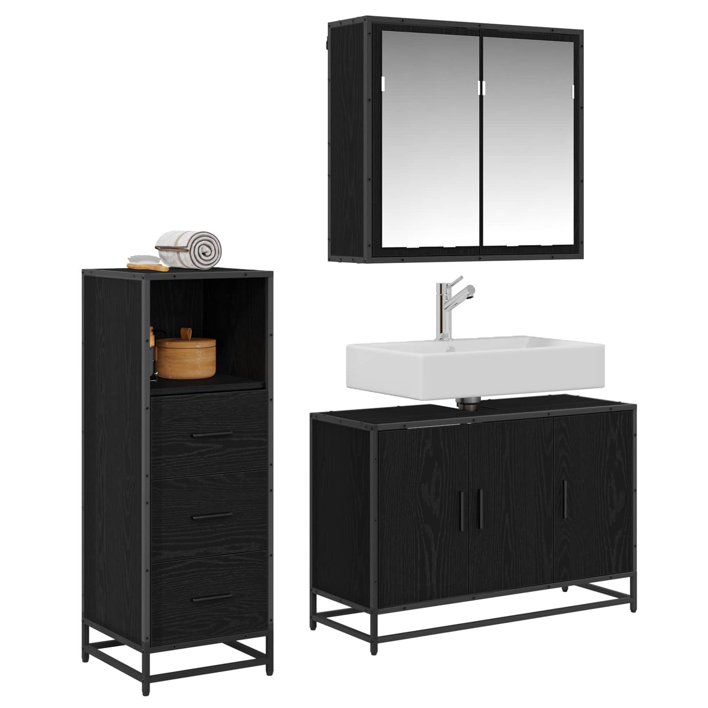 vidaXL Badezimmermöbel-Set 3 pcs Schwarz Eichen-Optik Holzwerkstoff