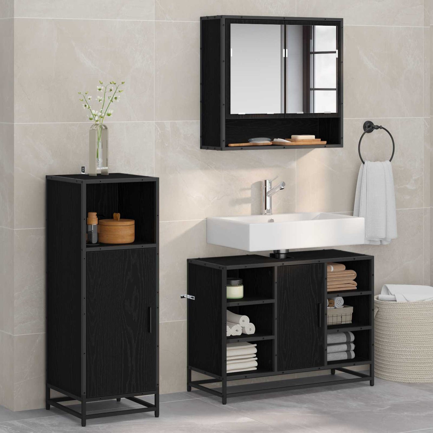 vidaXL Badezimmermöbel-Set 3 pcs Schwarz Eichen-Optik Holzwerkstoff