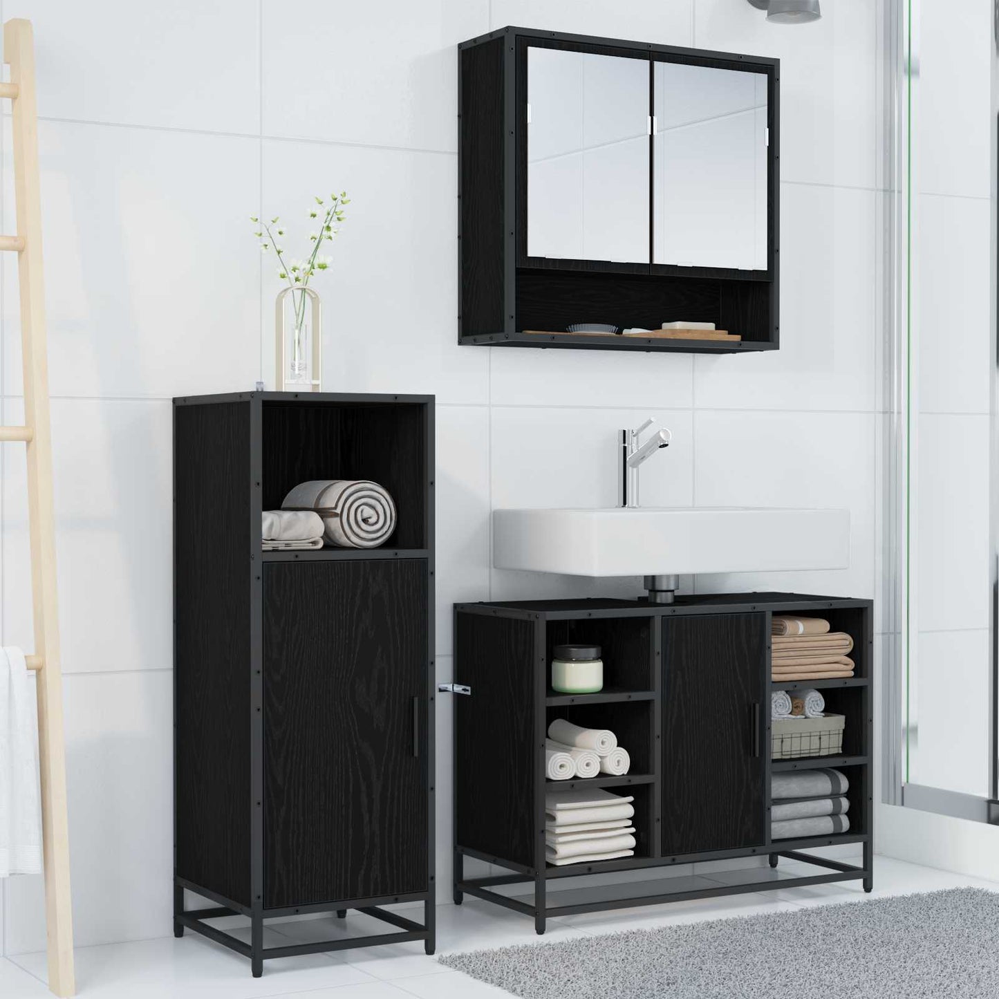vidaXL Badezimmermöbel-Set 3 pcs Schwarz Eichen-Optik Holzwerkstoff