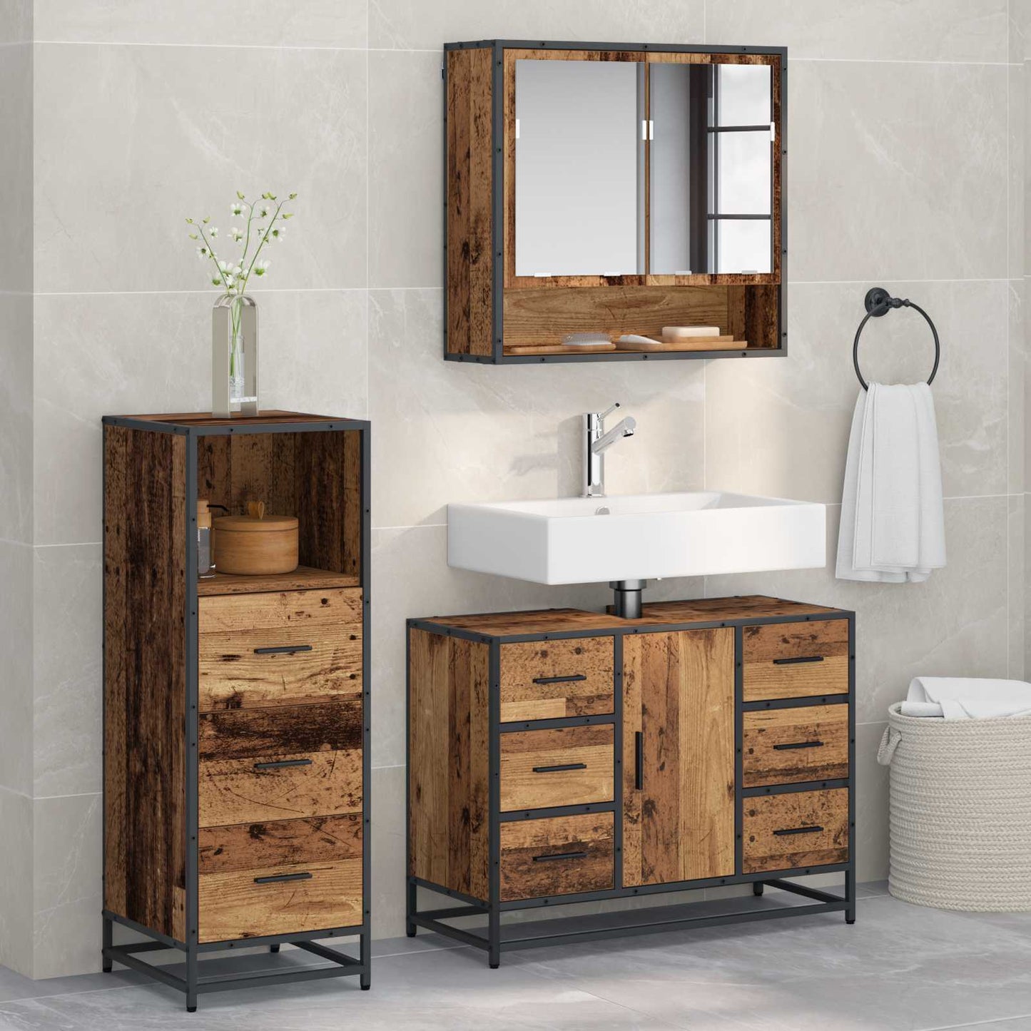 vidaXL Badezimmermöbel Set 3 pcs Altholz 80 x 33 x 60 cm Holzwerkstoff