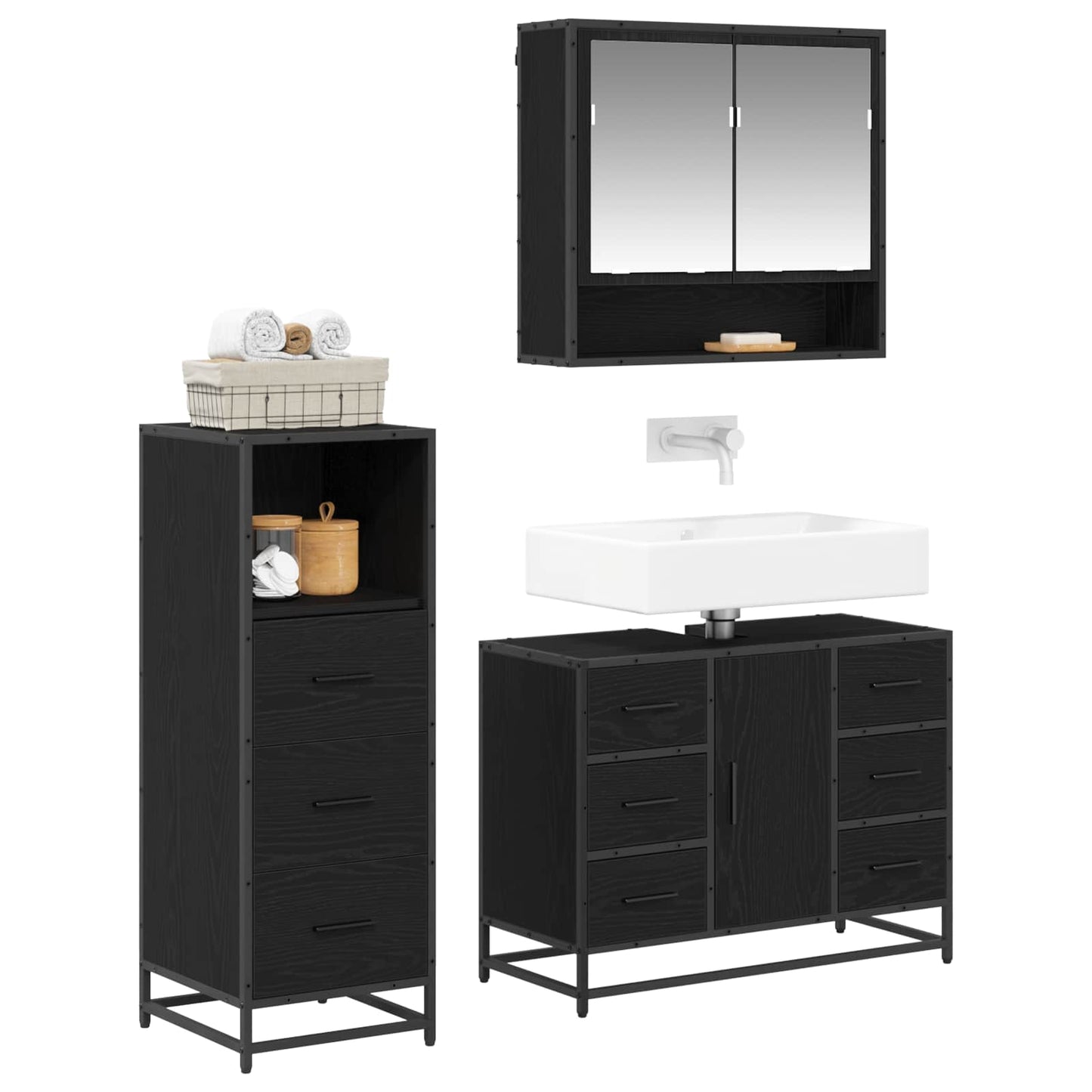 vidaXL Badezimmermöbel-Set 3 pcs Schwarz Eichen-Optik Holzwerkstoff