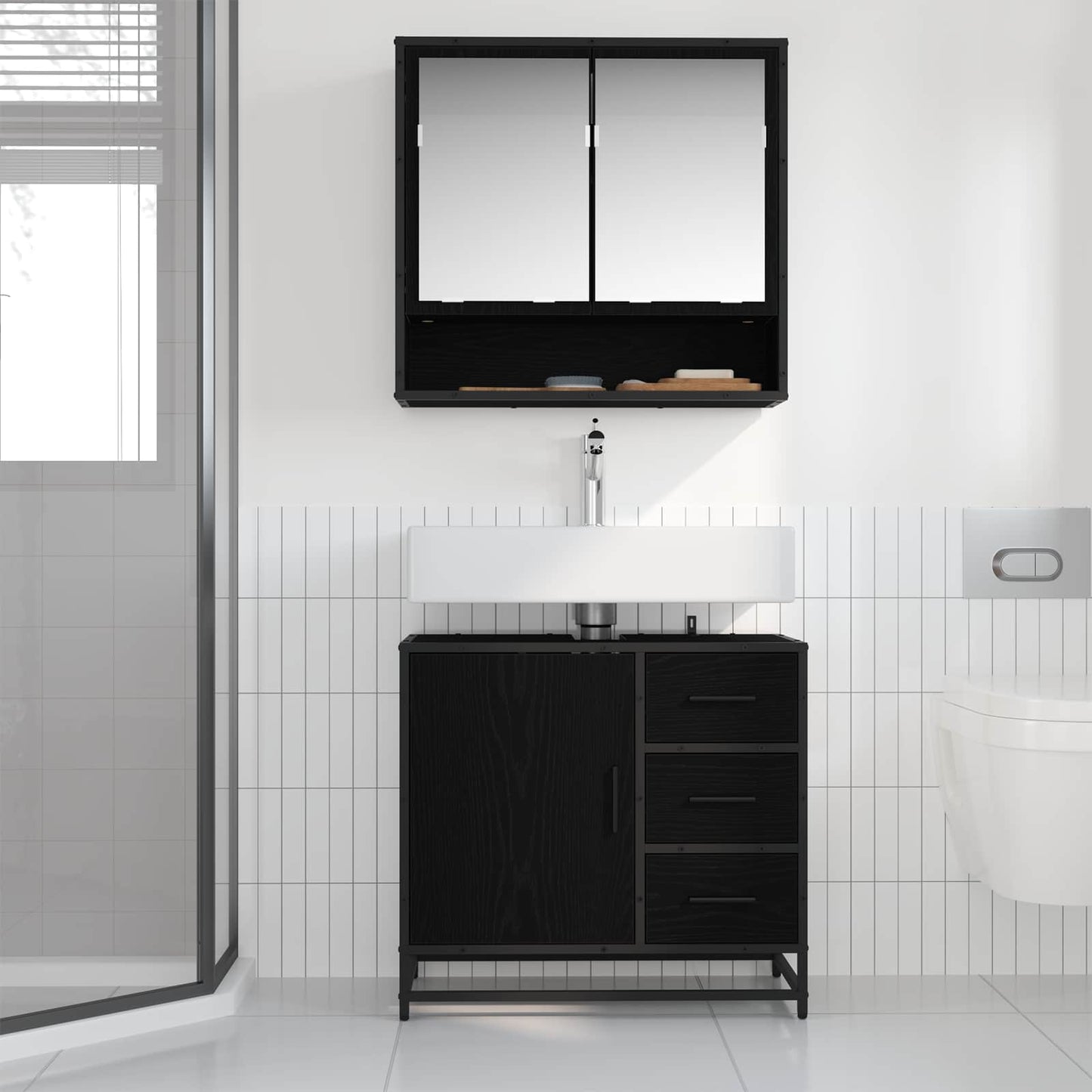 vidaXL Badezimmermöbel-Set 2 pcs Schwarz Eichen-Optik Holzwerkstoff