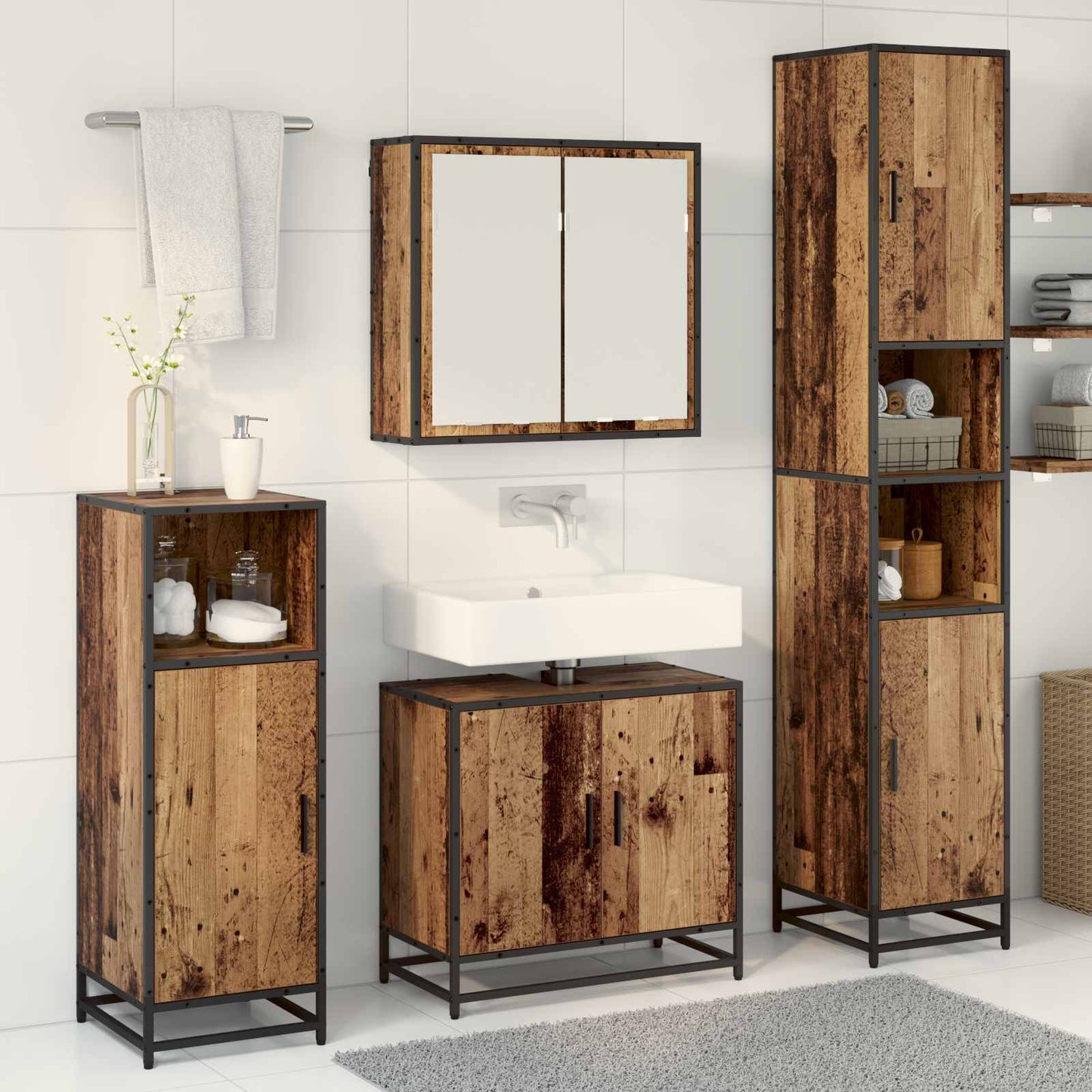 vidaXL Badezimmermöbel-Set mit Regal 3 pcs Altholz Holzwerkstoff