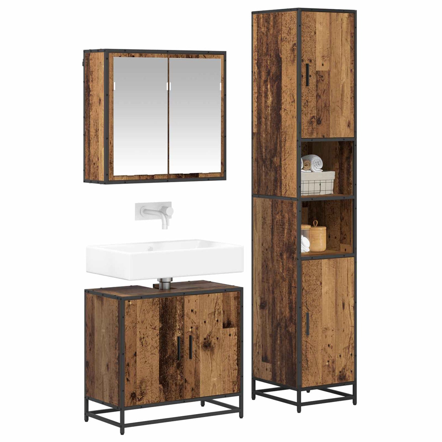 vidaXL Badezimmermöbel-Set mit Regal 3 pcs Altholz Holzwerkstoff
