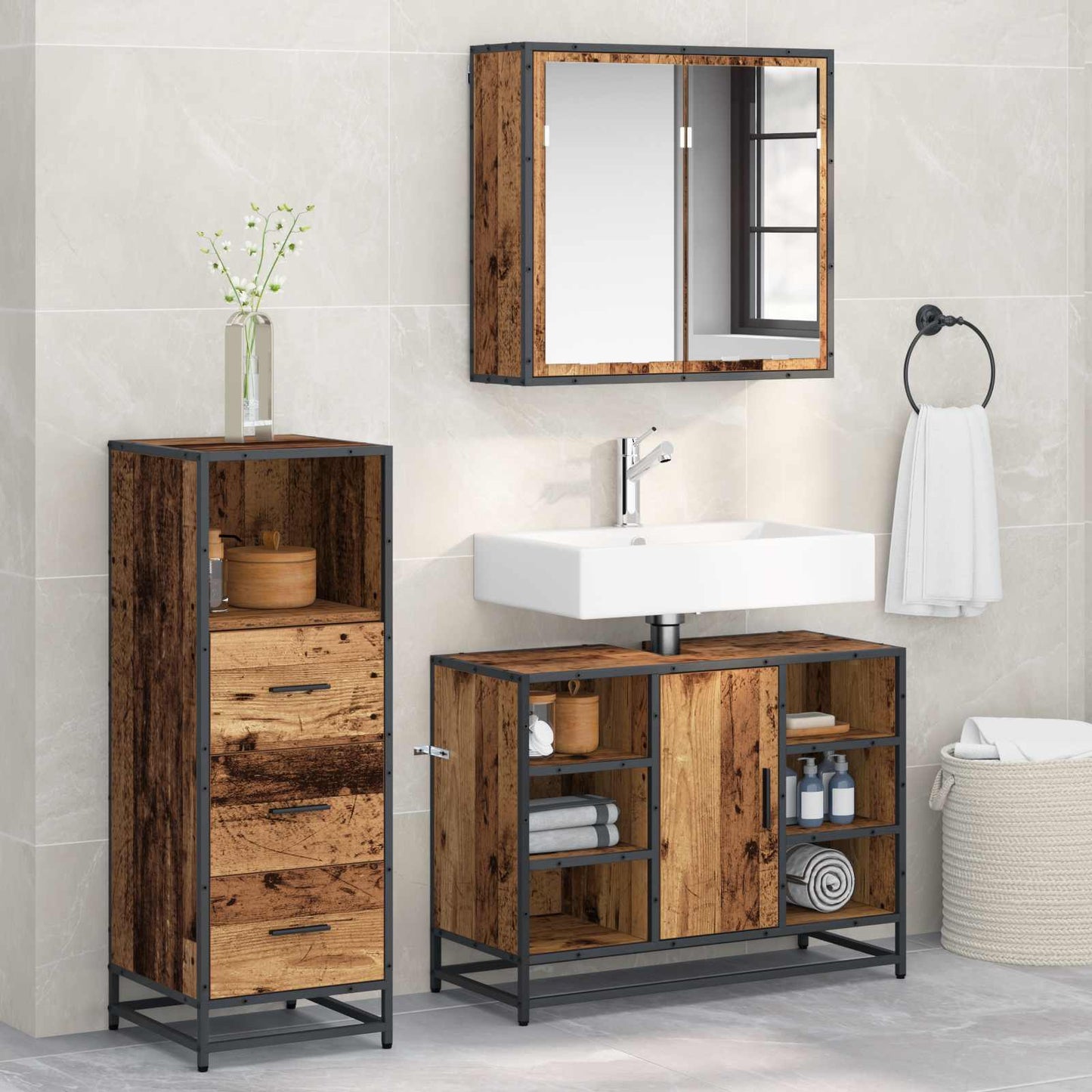vidaXL Badezimmermöbel-Set mit Schubladen 3 pcs Altholz Holzwerkstoff
