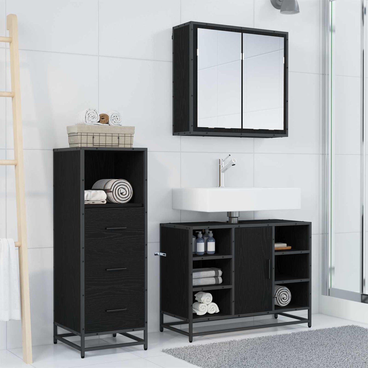 vidaXL Badezimmermöbel-Set 3 pcs Schwarz Eichen-Optik Holzwerkstoff