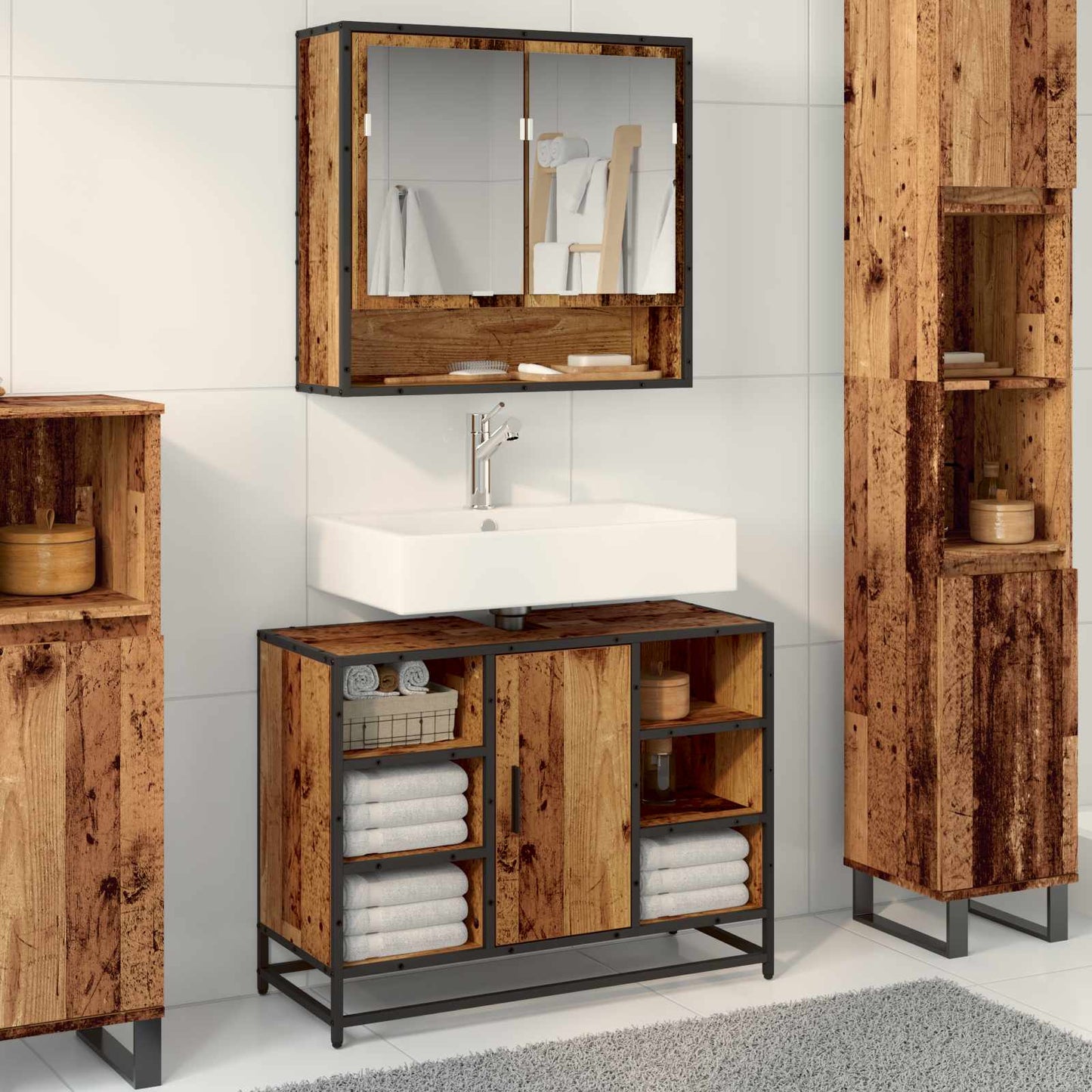 vidaXL Badezimmermöbel-Set mit Regal 2 pcs Altholz Holzwerkstoff