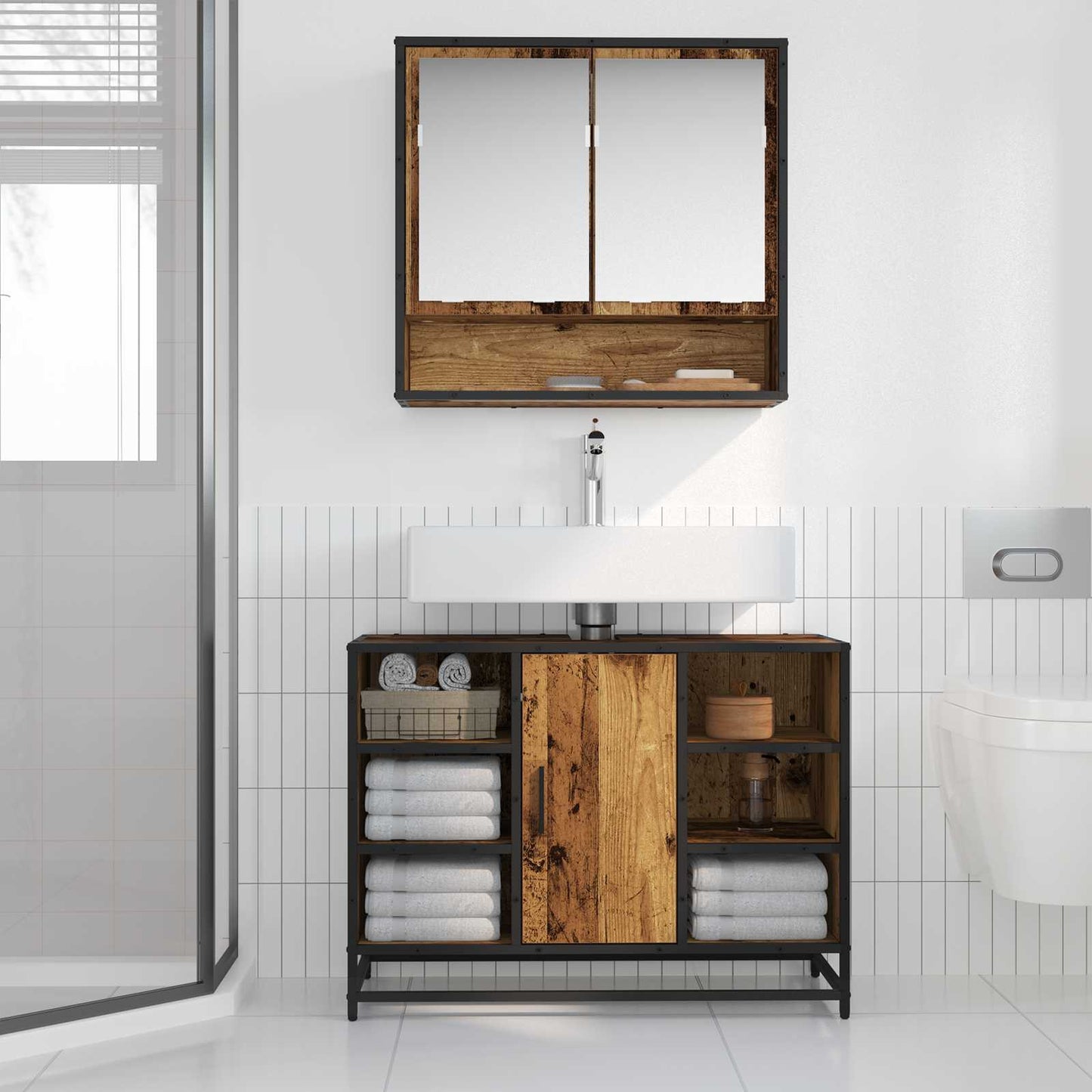 vidaXL Badezimmermöbel-Set mit Regal 2 pcs Altholz Holzwerkstoff
