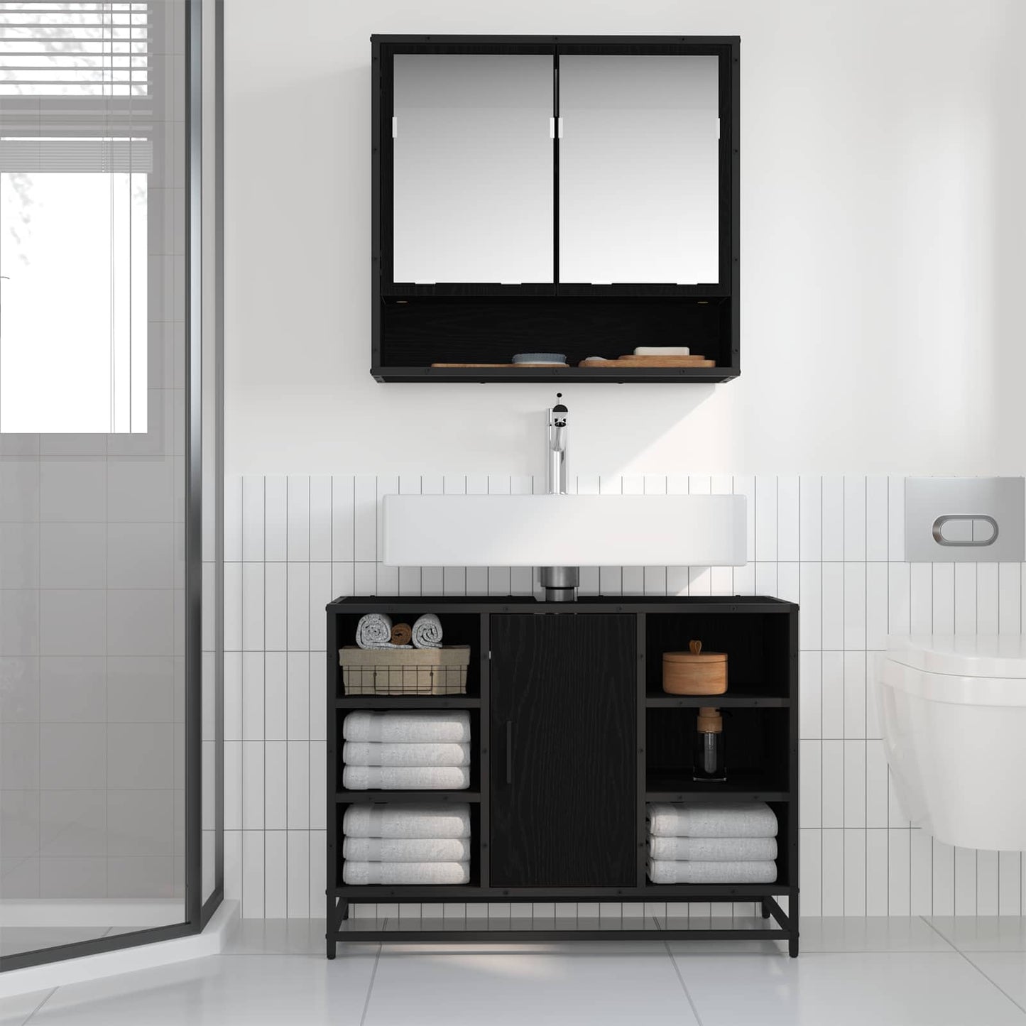vidaXL Badezimmermöbel-Set 2 pcs Schwarz Eichen-Optik Holzwerkstoff