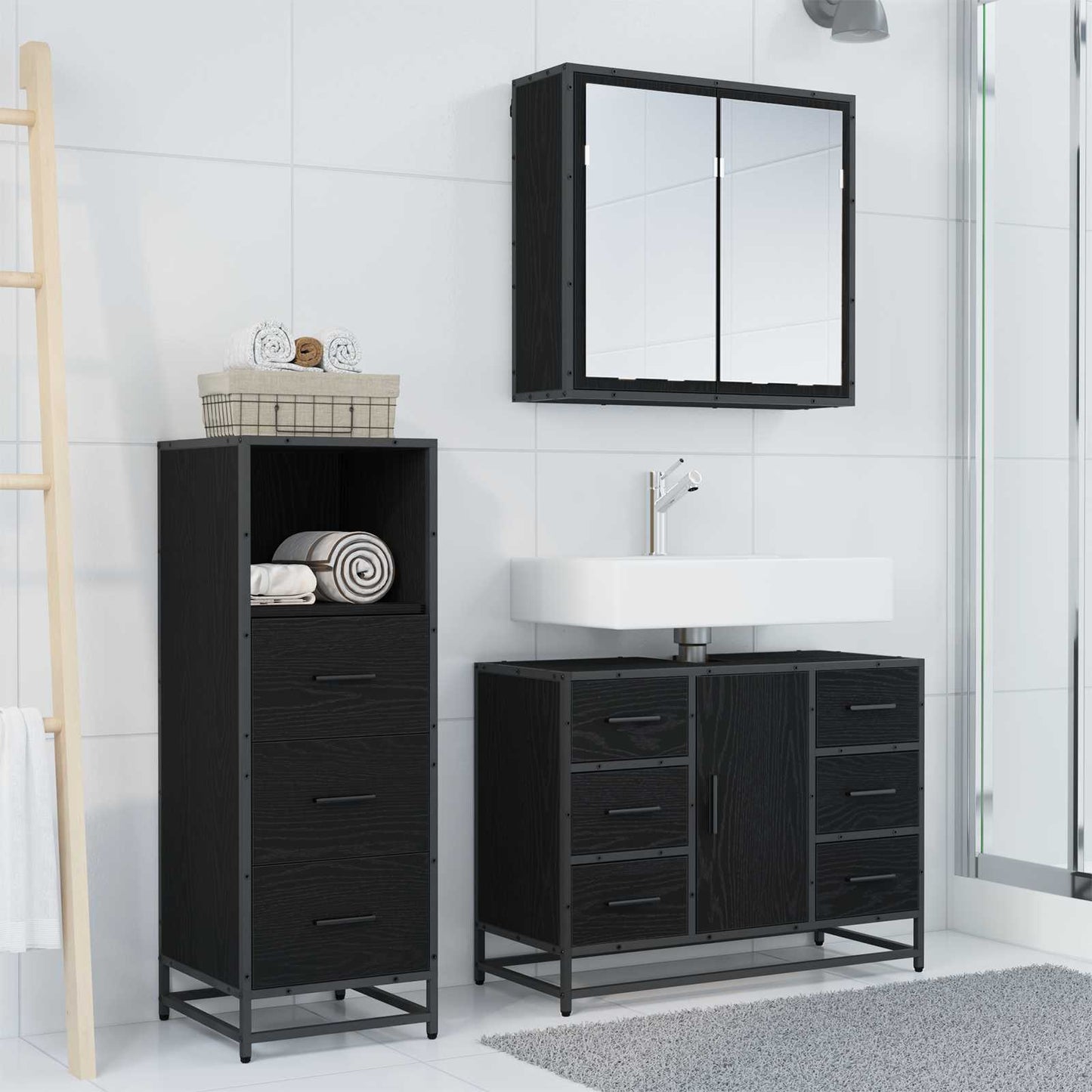 vidaXL Badezimmermöbel-Set 3 pcs Schwarz Eichen-Optik Holzwerkstoff