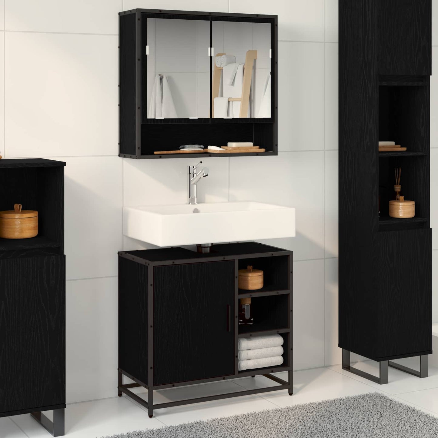 vidaXL Badezimmermöbel-Set 2 pcs Schwarz Eichen-Optik Holzwerkstoff