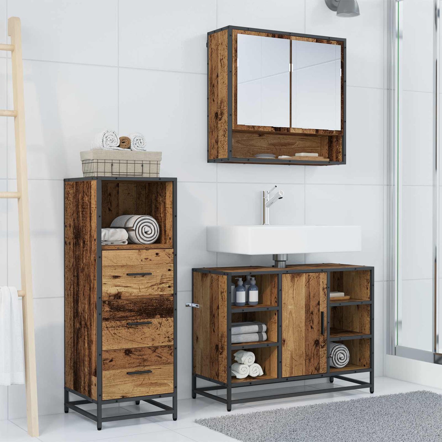 vidaXL Badezimmermöbel-Set mit Schubladen 3 pcs Altholz Holzwerkstoff