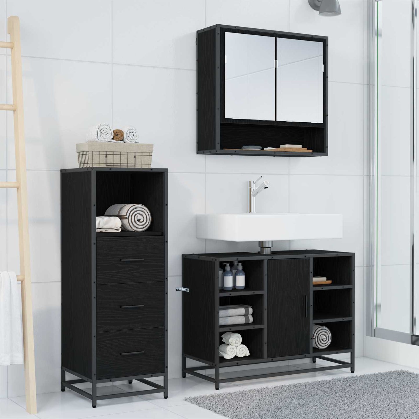 vidaXL Badezimmermöbel-Set 3 pcs Schwarz Eichen-Optik Holzwerkstoff