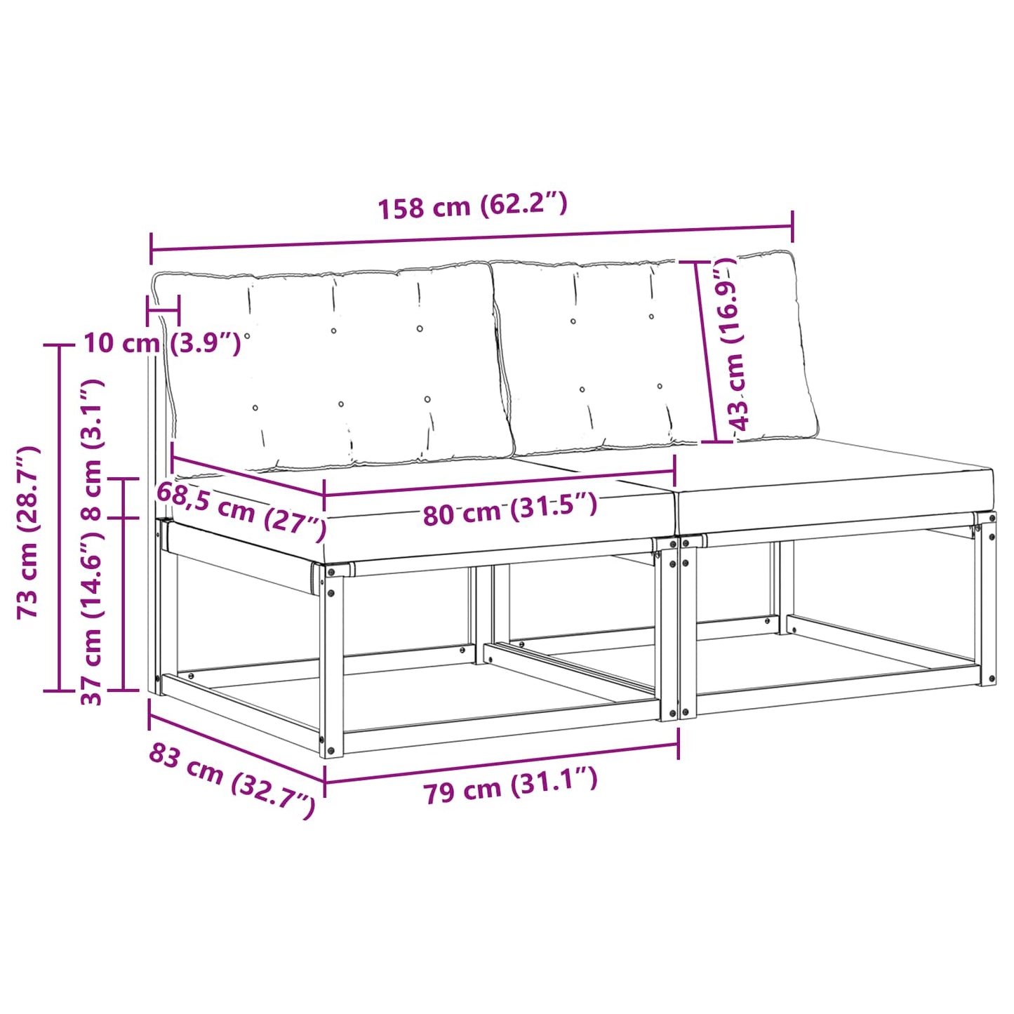 2 Stück Outdoor Mittelsofa Massivholz Akazie Natur
