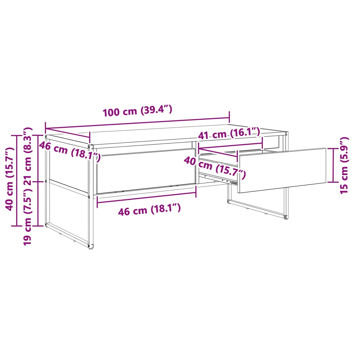 vidaXL Couchtisch Schwarz Eichen-Optik 100 x 46 x 40 cm Holzwerkstoff