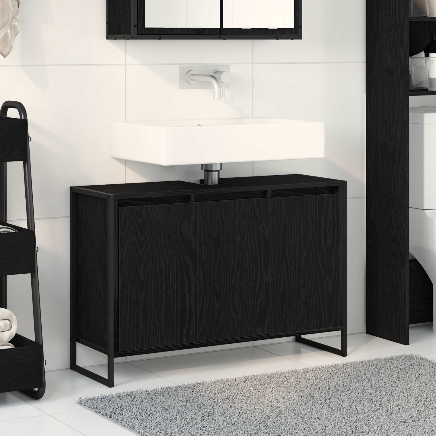 vidaXL Meuble de salle de bain avec porte noir aspect chêne 90 x 30 x 60 cm
