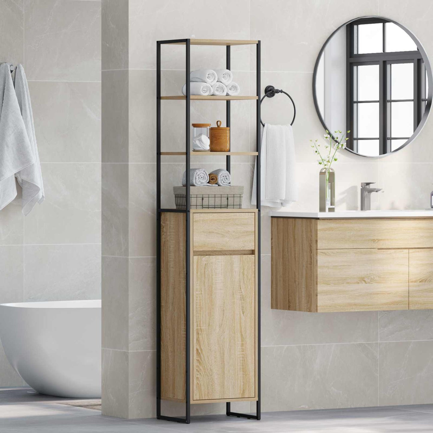 vidaXL Badezimmerschrank mit Tür Sonoma 40 x 30 x 180 cm Holzwerkstoff