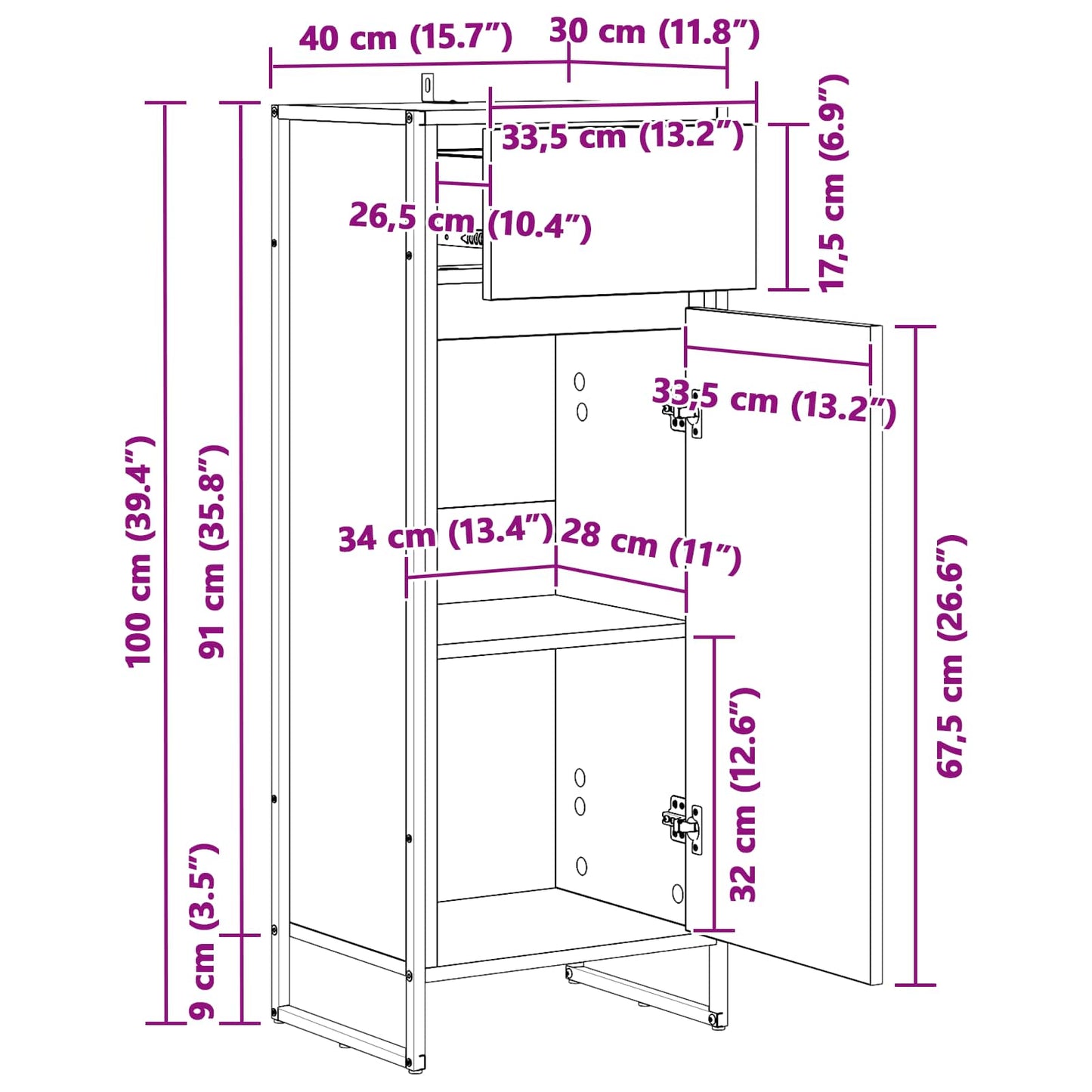 vidaXL Badezimmerschrank mit Tür Schwarz Eichen-Optik 40 x 30 x 100 cm