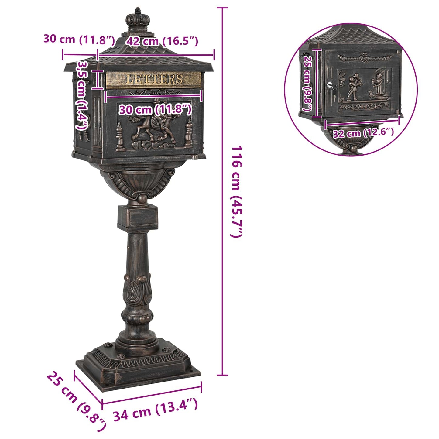 Stehender Briefkasten Bronze 42,5 x 29,5 x 117 cm Gussaluminium