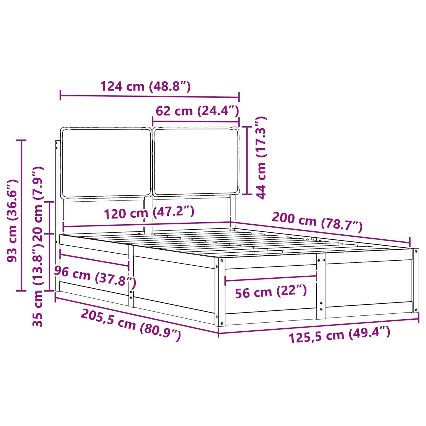vidaXL Bettgestell mit gepolstertem Kopfteil Dunkelgrau 120 x 200 cm
