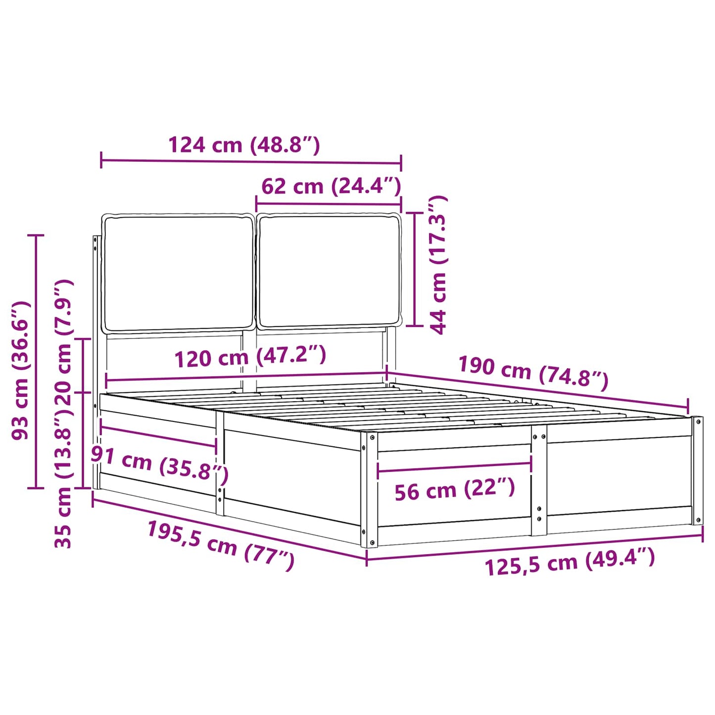 vidaXL Bettgestell mit gepolstertem Kopfteil Dunkelgrau 120 x 190 cm
