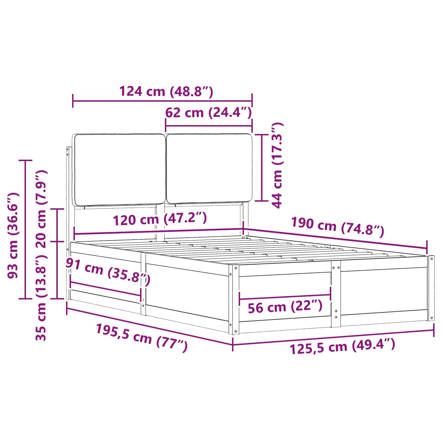 vidaXL Bettgestell mit gepolstertem Kopfteil Hellgrau 120 x 190 cm