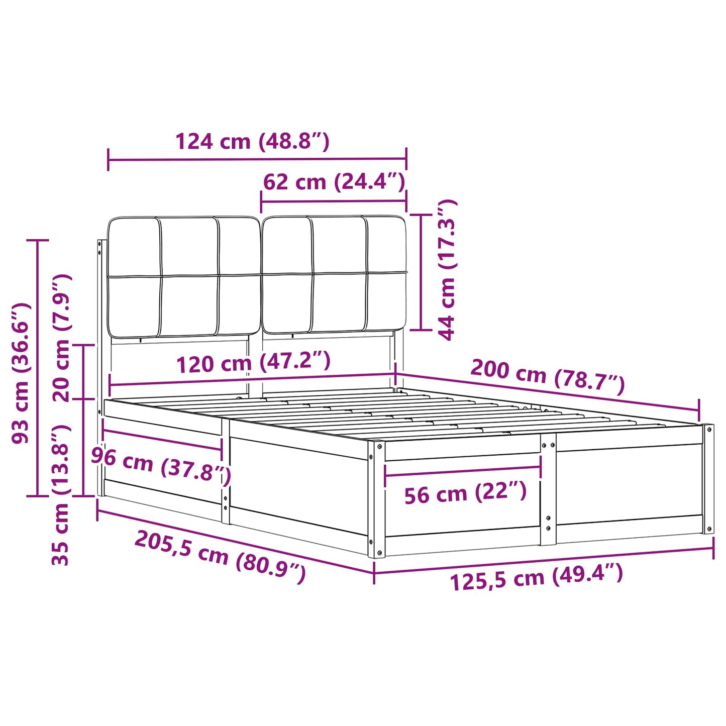 vidaXL Bettgestell mit gepolstertem Kopfteil Hellgrau 120 x 200 cm