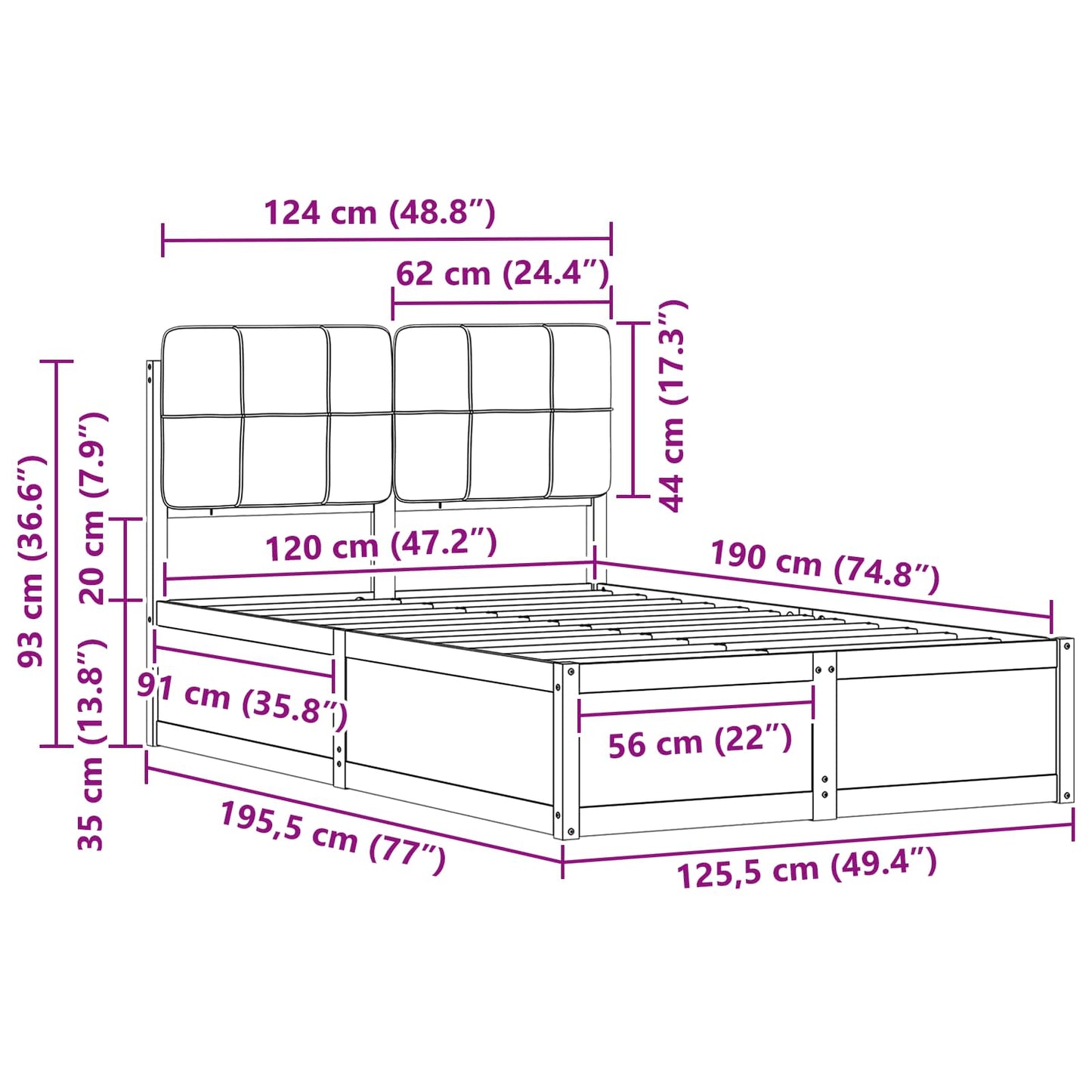 vidaXL Bettgestell mit gepolstertem Kopfteil Dunkelgrau 120 x 190 cm