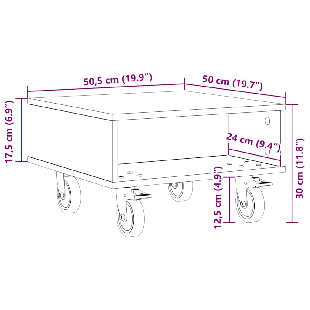 Beistelltisch mit Rädern Geräucherte Eiche 50,5 x 50 x 30 cm