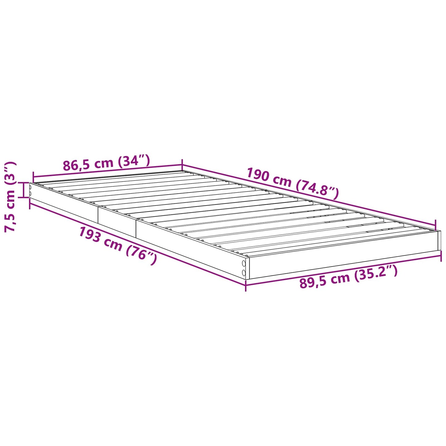 vidaXL Cadre de lit bas Chêne fumé 86,5 x 190 cm Bois d'ingénierie