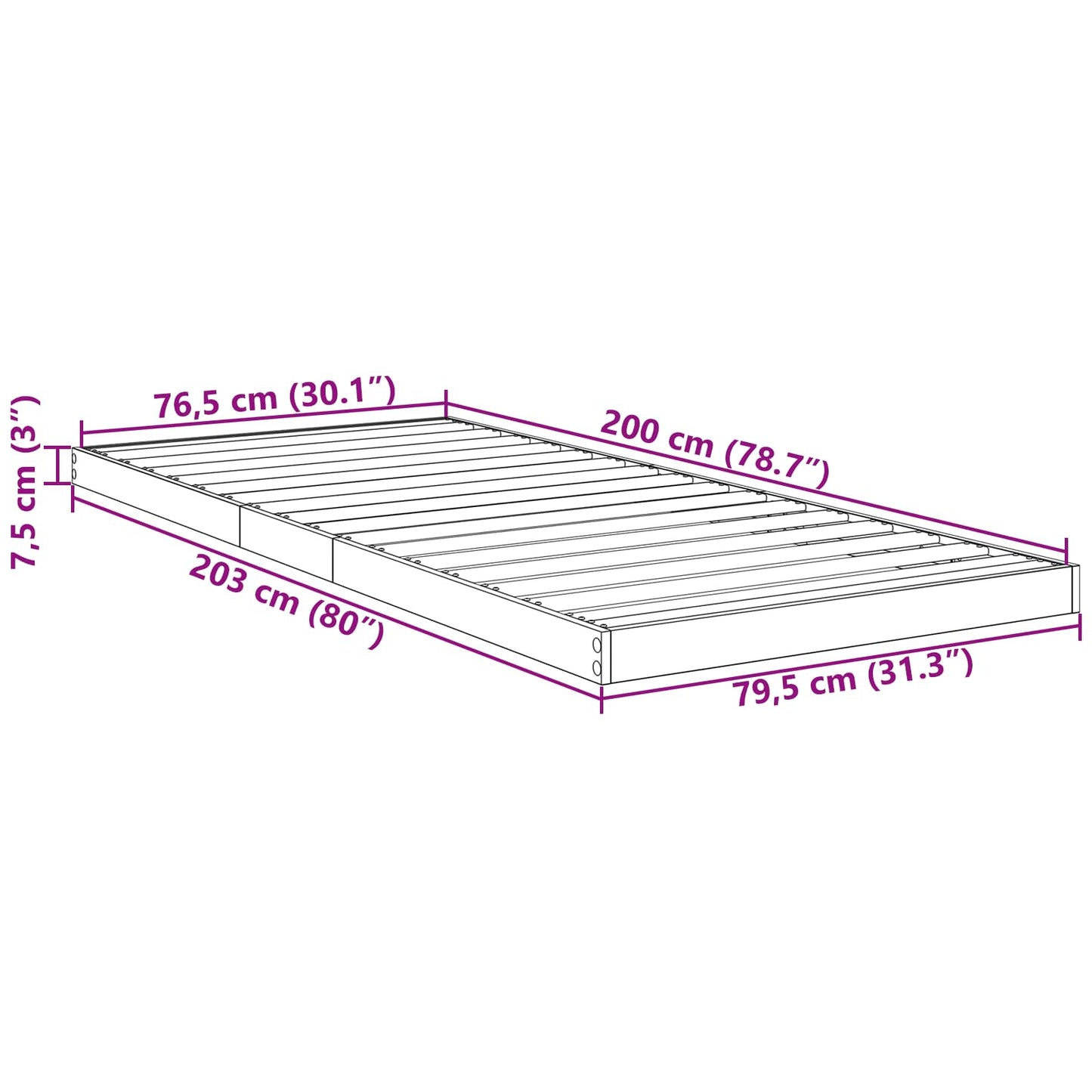 vidaXL Bodenbettrahmen Sonoma 76,5 x 200 cm Holzwerkstoff