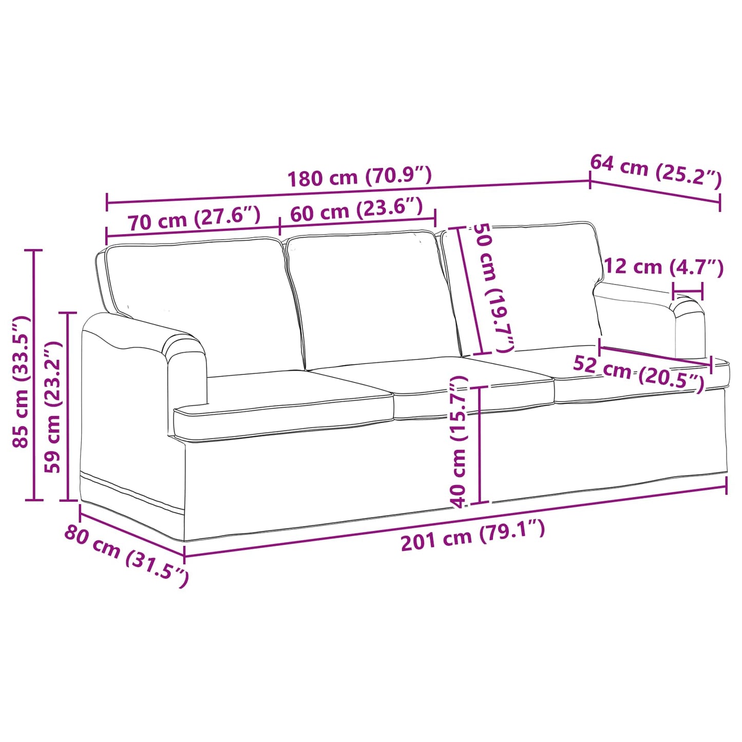 vidaXL Sofa Creme 201 x 80 x 85 cm Stoff