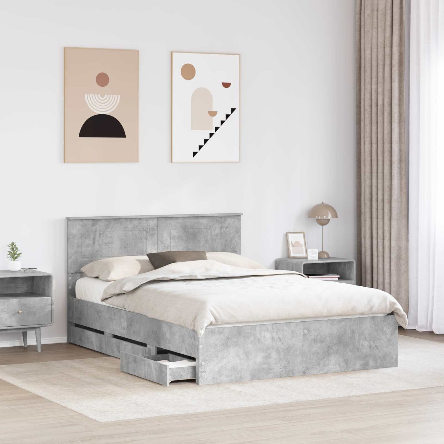 vidaXL Bettrahmen mit Kopfteil Beton Grau 150 x 200 cm Ingenieurs Holz