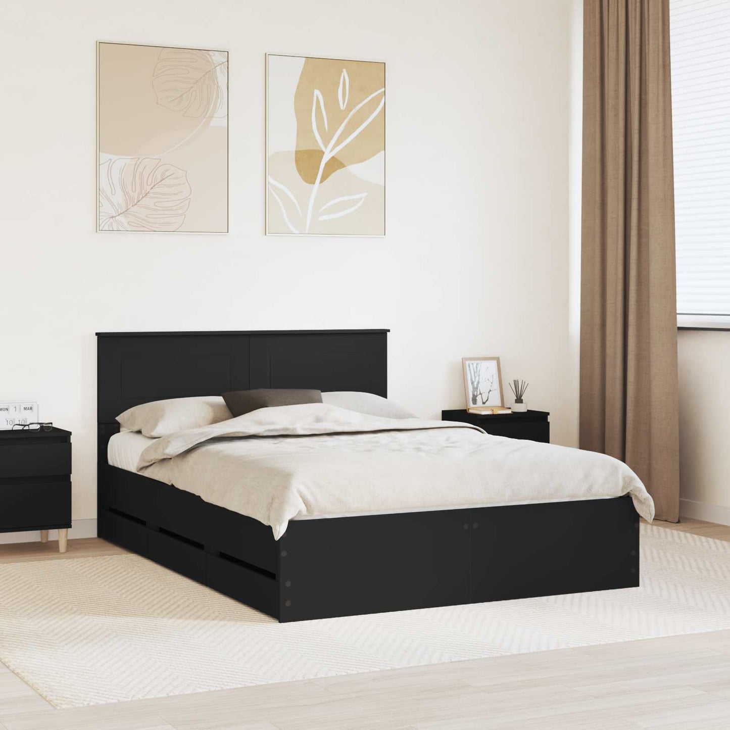 vidaXL Cadre de lit avec tiroirs Noir 140 x 190 cm Bois d'ingénierie