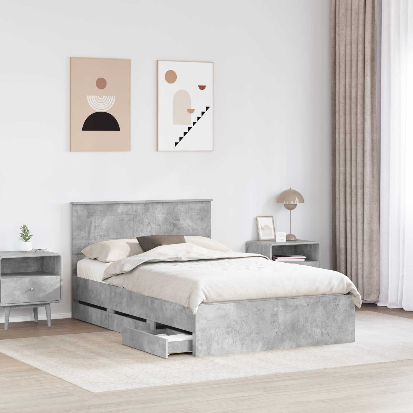 vidaXL Bettrahmen mit Kopfteil Beton Grau 135 x 190 cm Ingenieurs Holz