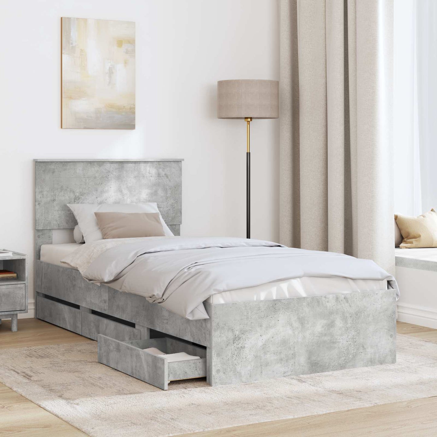 Bettrahmen mit Kopfteil Beton Grau 100 x 200 cm Ingenieurs Holz