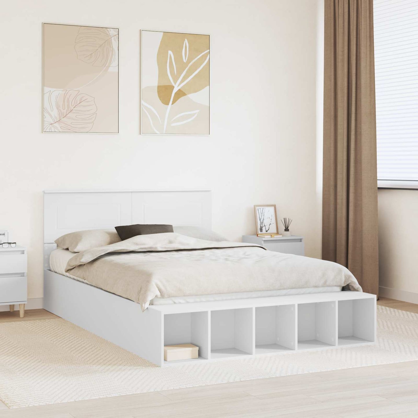 vidaXL Bettrahmen mit Regal Weiß 150 x 200 cm Holzwerkstoff