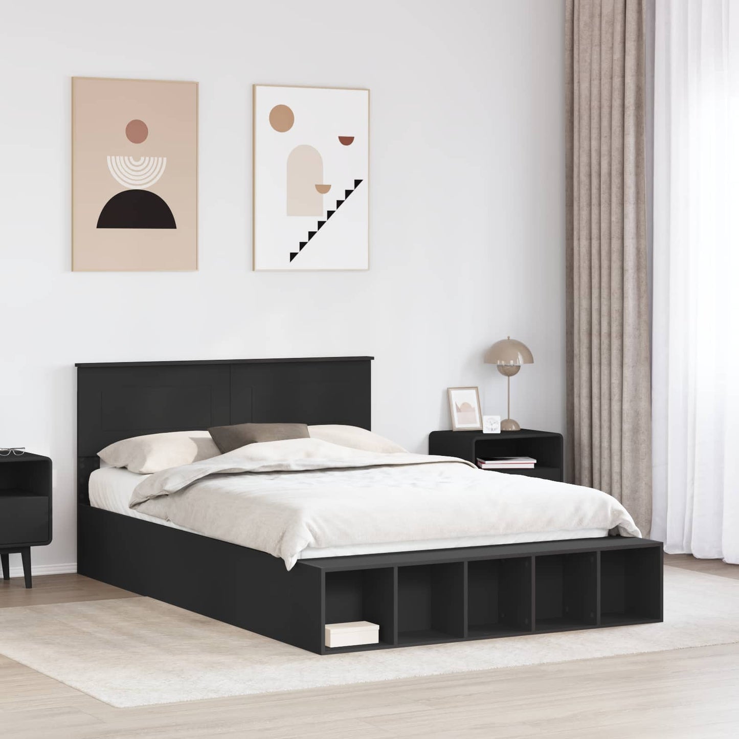 vidaXL Bettrahmen mit Regal Schwarz 150 x 200 cm Holzwerkstoff