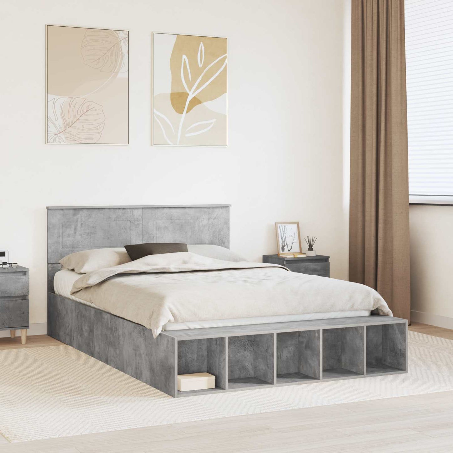 vidaXL Bettrahmen mit Regal Beton Grau 150 x 200 cm Holzwerkstoff