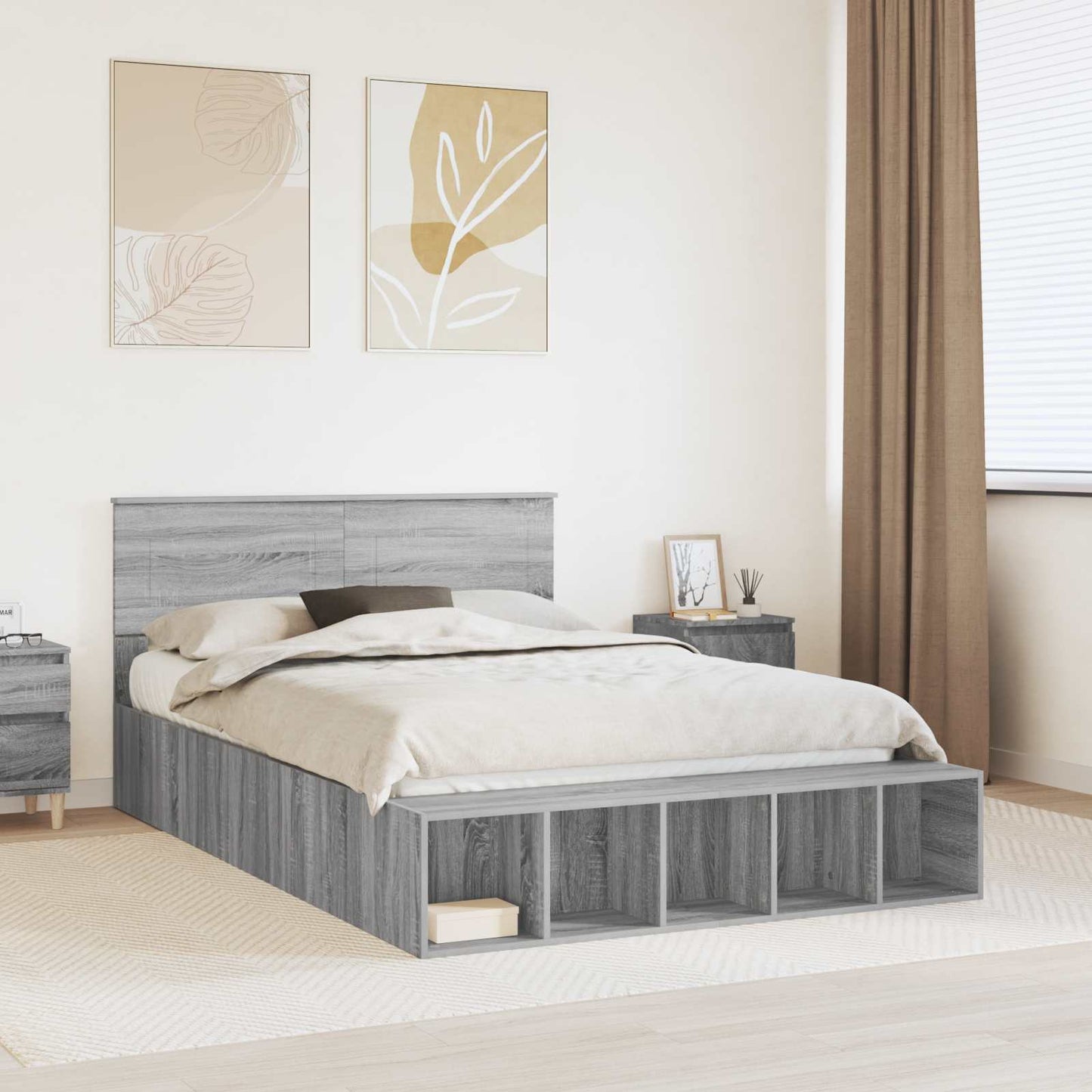 vidaXL Bettrahmen mit Regal Graues Sonoma 140 x 190 cm Holzwerkstoff