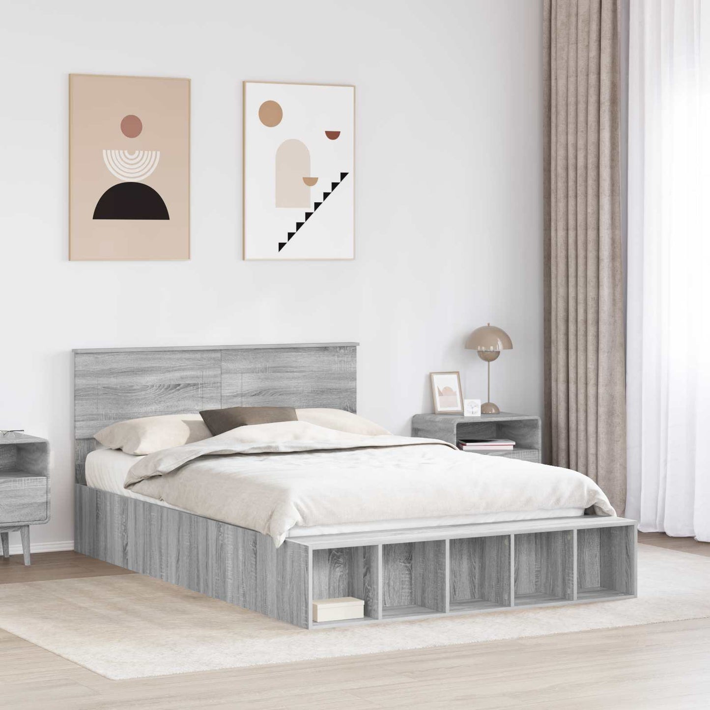 vidaXL Bettrahmen mit Regal Graues Sonoma 140 x 190 cm Holzwerkstoff