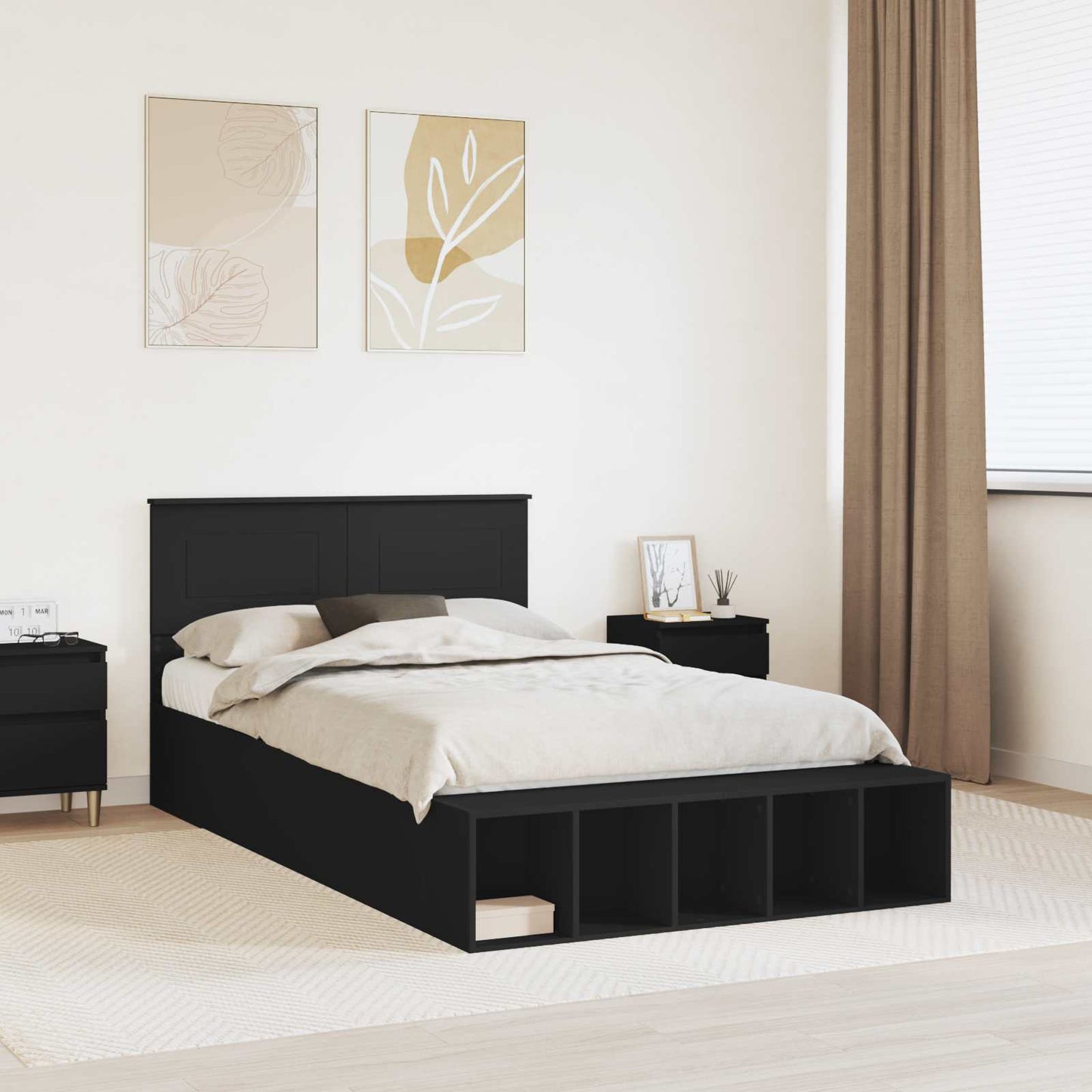 vidaXL Bettrahmen mit Regal Schwarz 135 x 190 cm Holzwerkstoff
