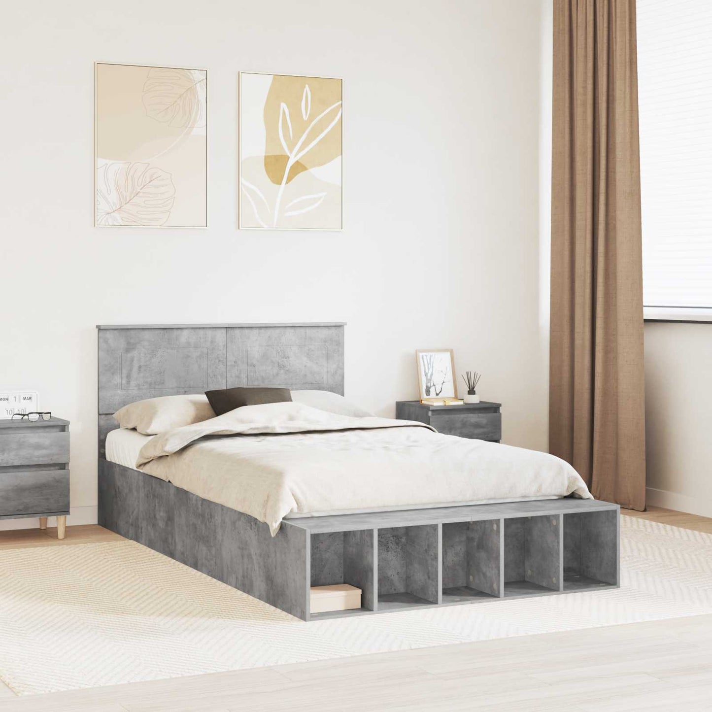 vidaXL Bettrahmen mit Regal Beton Grau 135 x 190 cm Holzwerkstoff