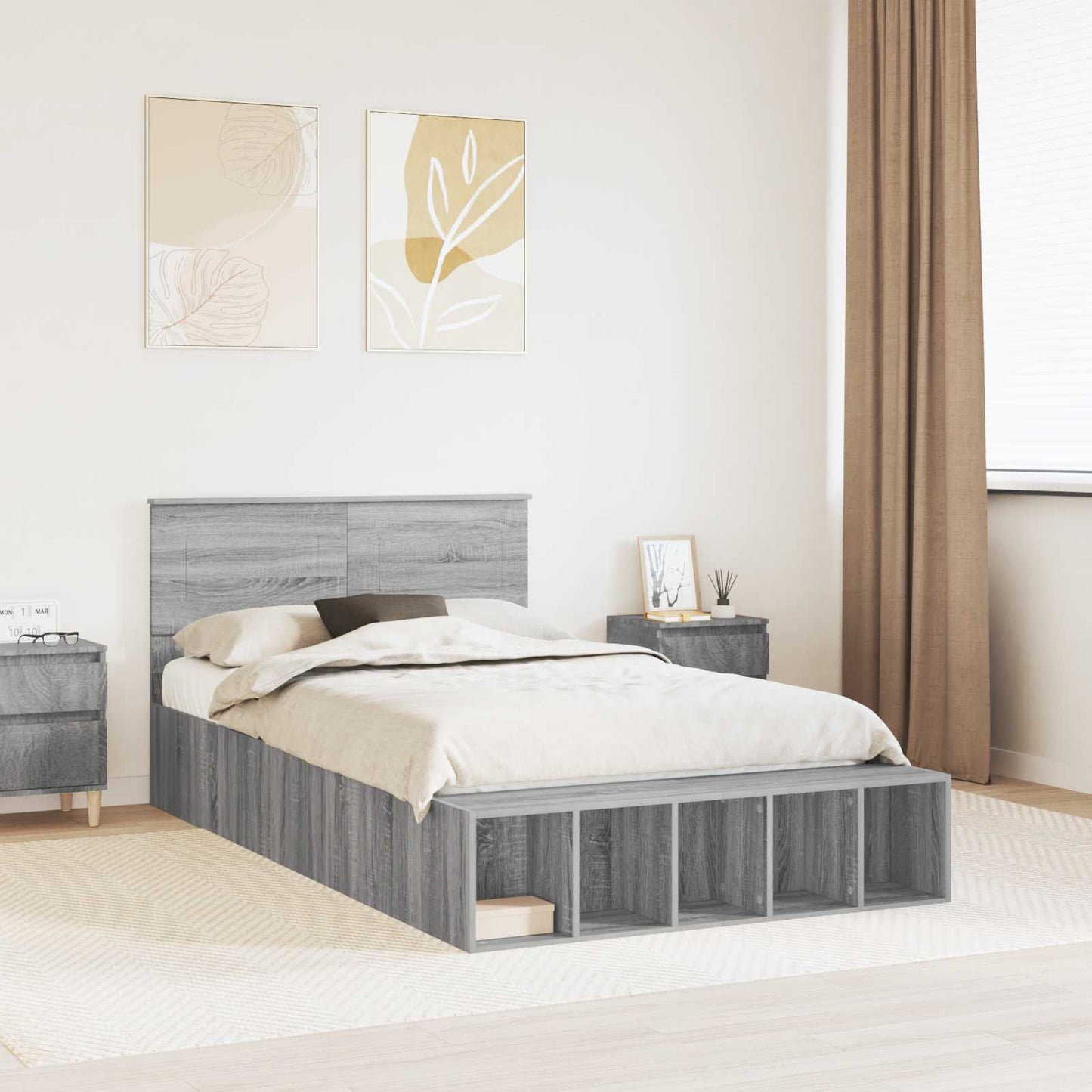 vidaXL Bettrahmen mit Regal Graues Sonoma 135 x 190 cm Holzwerkstoff