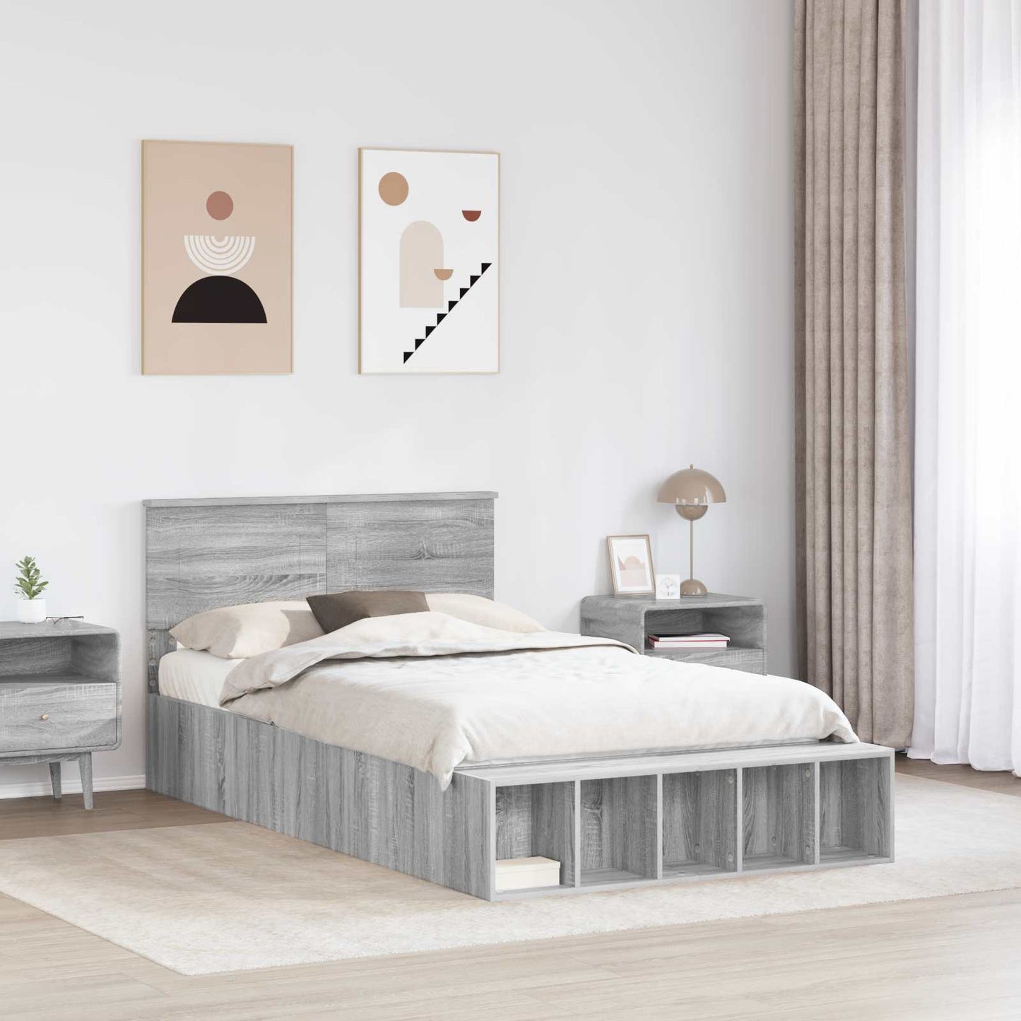 vidaXL Bettrahmen mit Regal Graues Sonoma 135 x 190 cm Holzwerkstoff