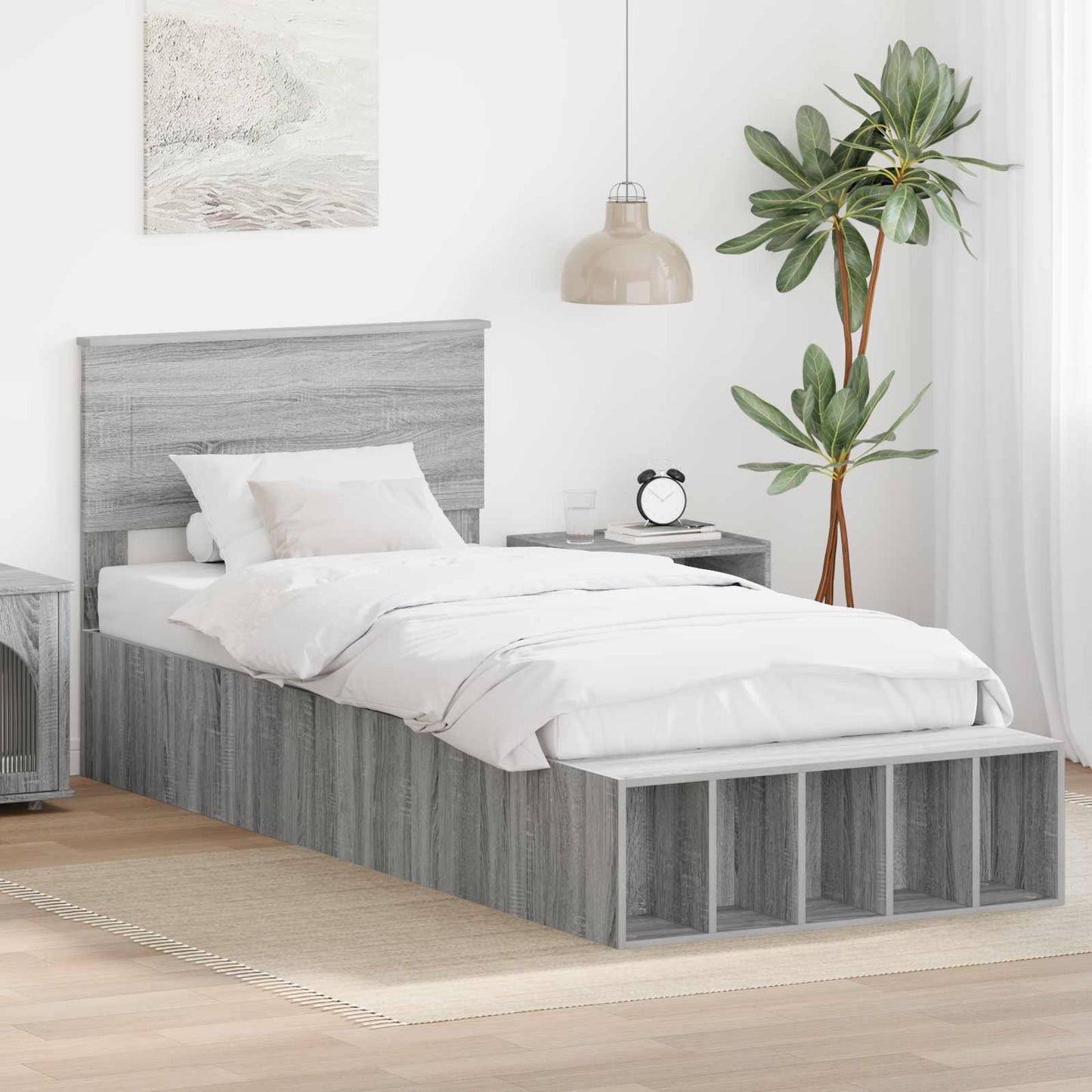 vidaXL Bettrahmen mit Regal Graues Sonoma 100 x 200 cm Holzwerkstoff