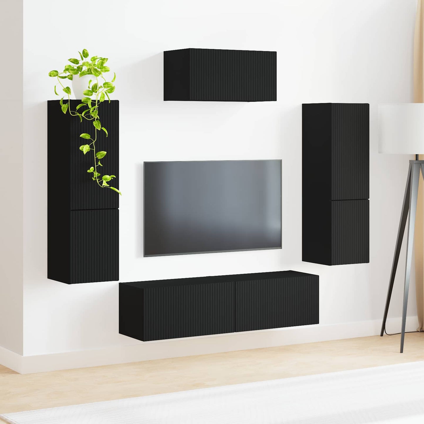 vidaXL TV-Schrankset Wandmontiert 4 pcs Schwarz Holzwerkstoff