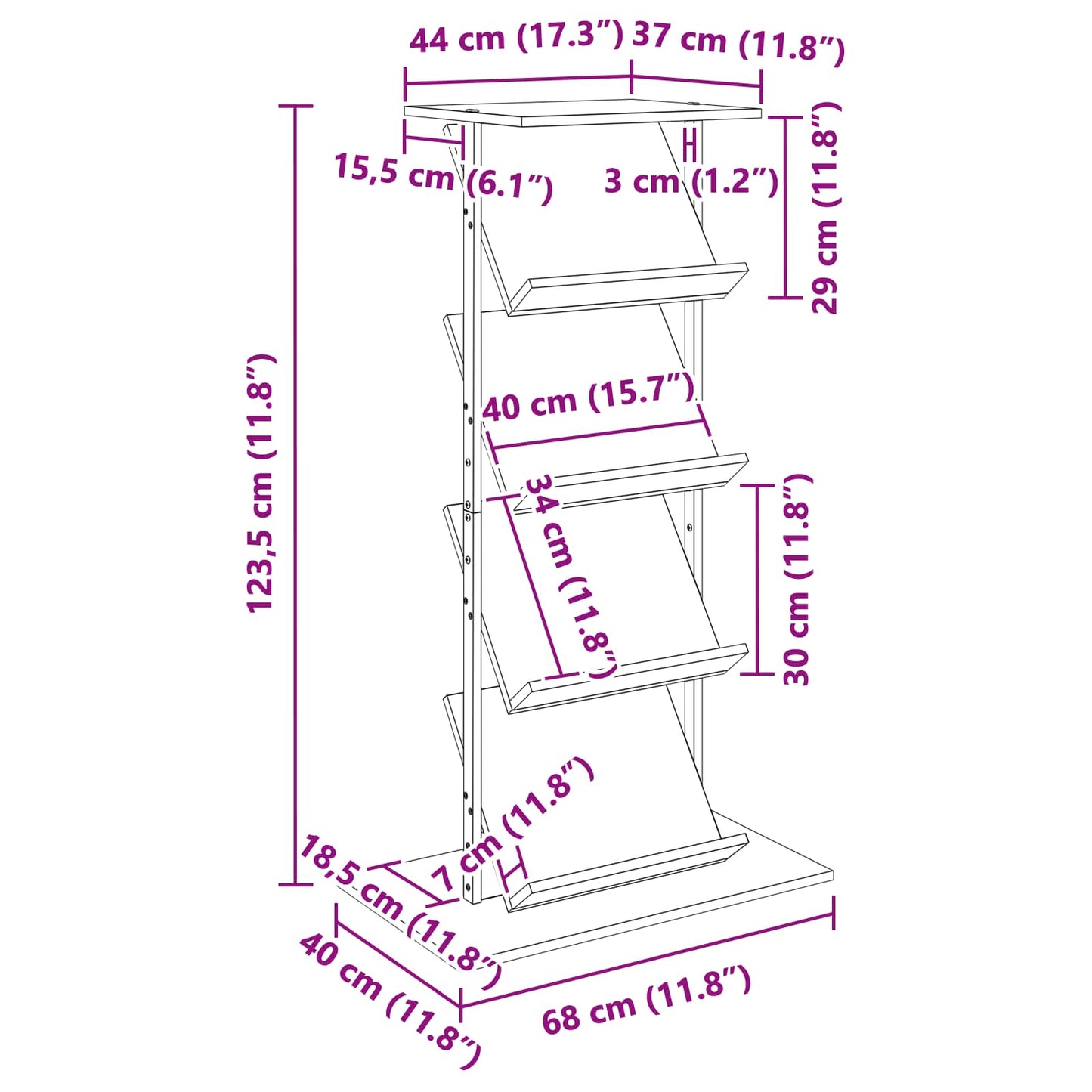 Magazinregal mit Regal Schwarz Eichen-Optik 68 x 40 x 123.5 cm